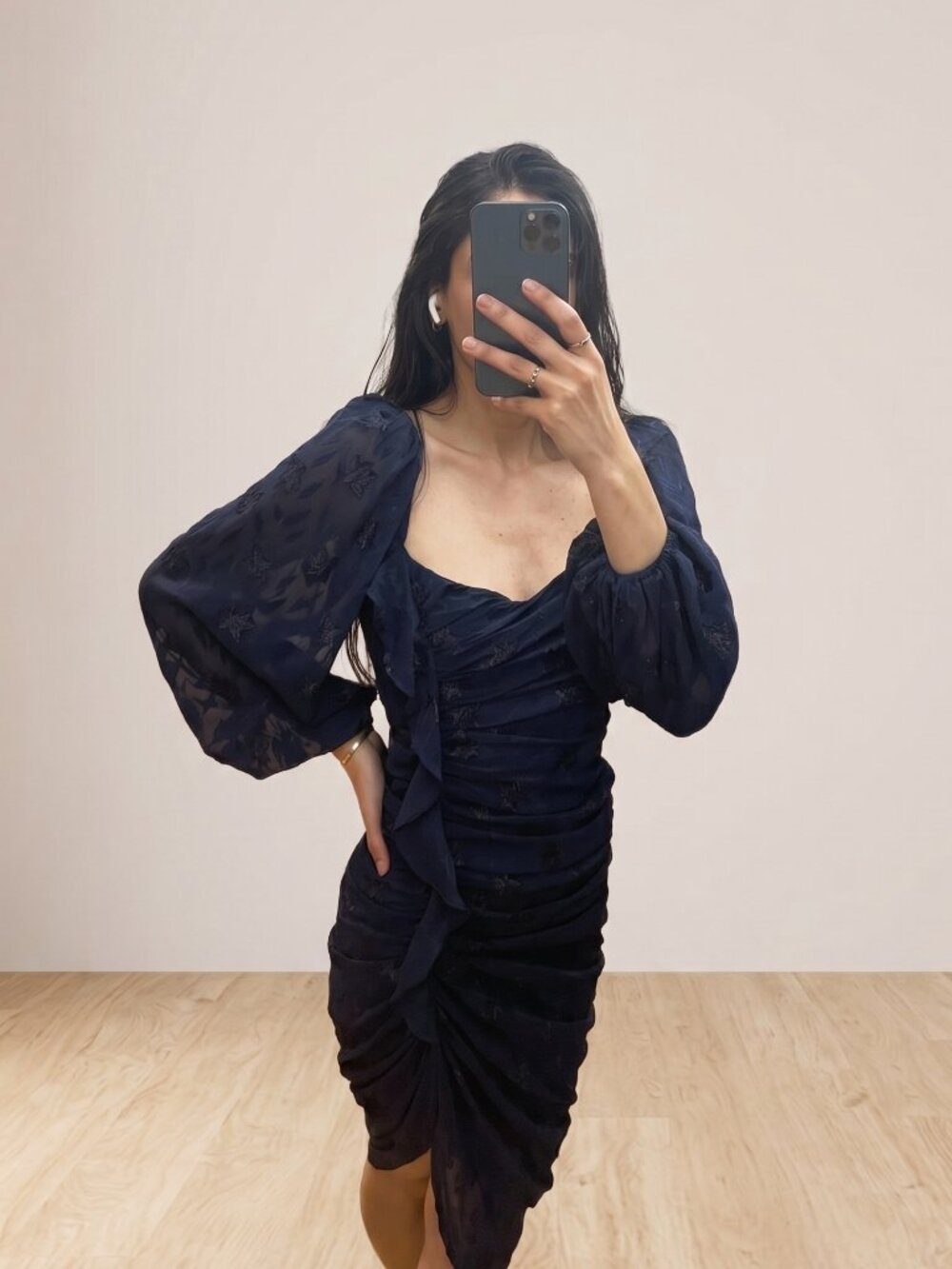 ASTR The Label Navy Blue Ruched Floral Textured Puff Sleeve Midi Dress XS
